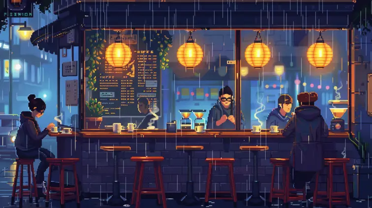 Pixel art café full of patrons, seen through a rainy window
