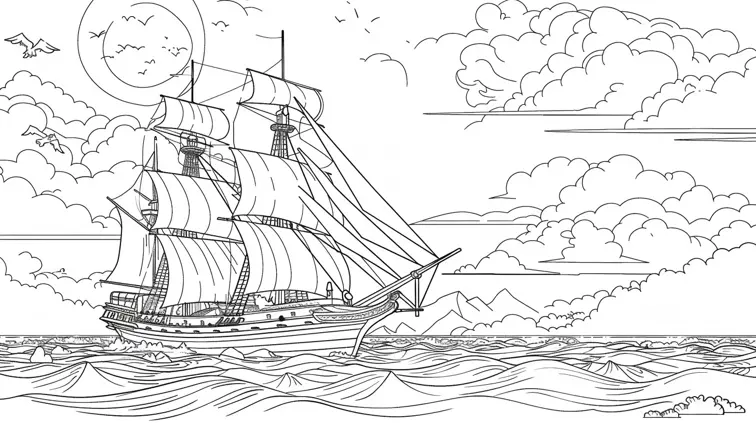 Image with black lines on a white background, illustrating a pirate ship on the ocean suited for coloring in. Large, closed shapes in coloring book style