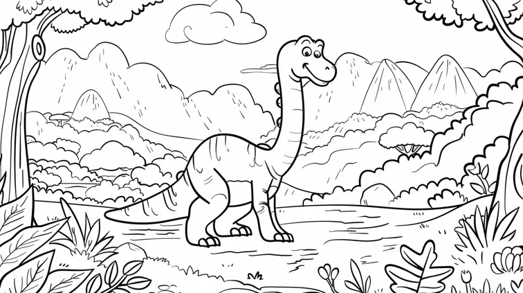 Coloring book page of a friendly dinosaur in a prehistoric landscape. Cartoon style with thick outlines and simple shapes for easy coloring.