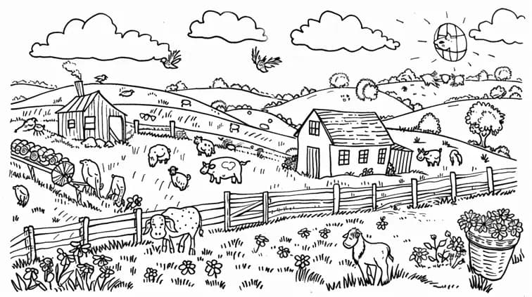Image with black lines on a white background, illustrating a busy farm scene suited for coloring in. Coloring book style with various animals and simple farm elements.