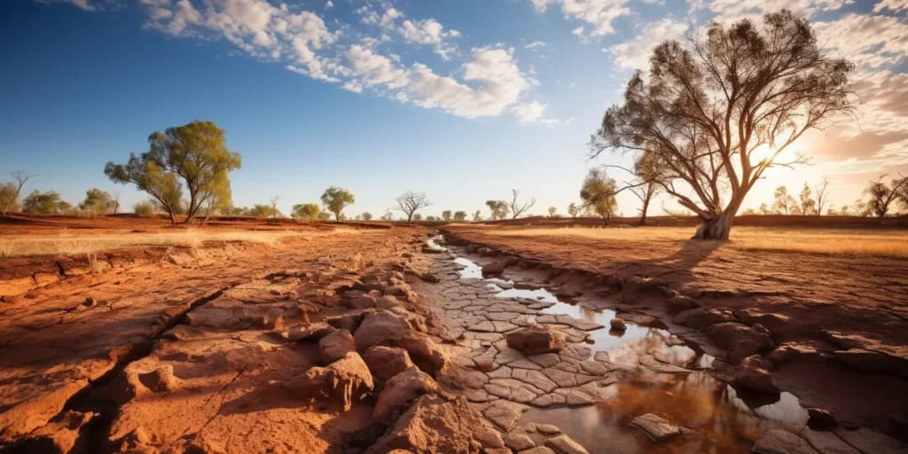 Sun-baked red earth and gum trees in the Australian Outback