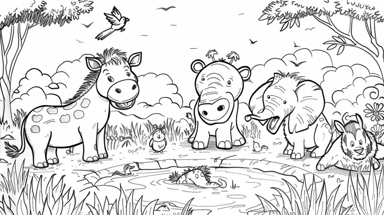 Cartoon-style safari animals gathered around a watering hole. Simple outlines and low detail, ideal for a coloring book adventure.
