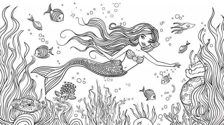 Coloring page of a mermaid swimming with sea creatures. Thick outlines and whimsical details, perfect for an underwater coloring book theme.