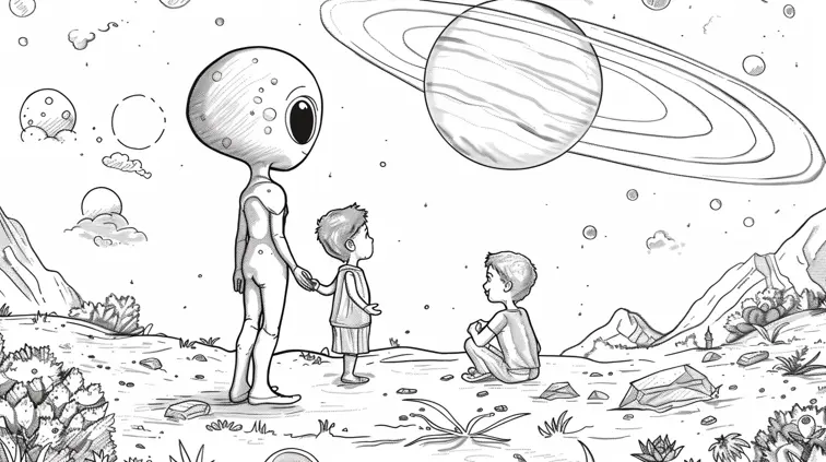 Clean line art of a space alien meeting Earth children. Cartoon style with thick outlines, designed for an imaginative coloring book page.