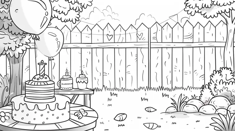 Line art of a backyard birthday party scene with balloons and cake. Large, closed shapes and plenty of white space for creative coloring.