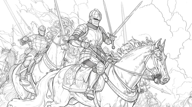 Line art of a medieval jousting tournament with knights and horses. Large areas to color and interesting details for an historical coloring book theme.