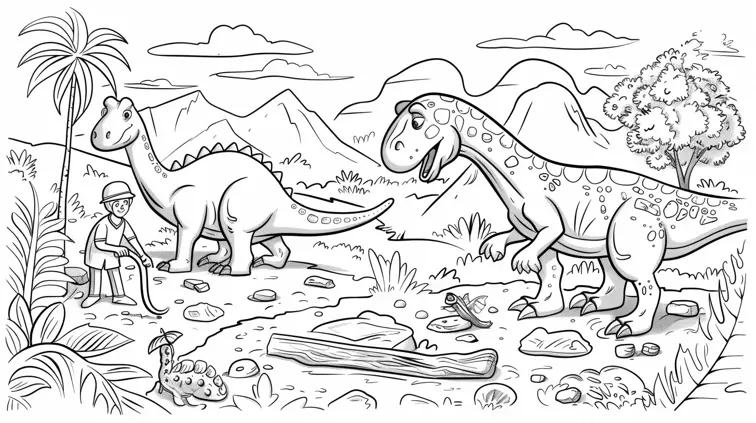 Cartoon-style dinosaur dig site with paleontologists and fossils. Thick outlines and simple shapes for an educational coloring page.