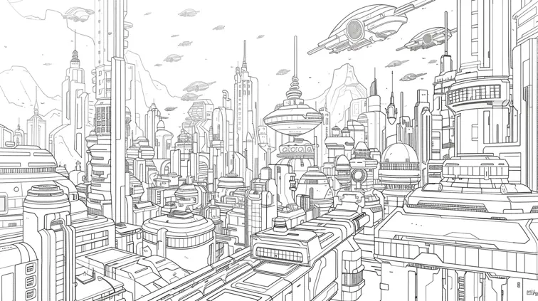 Line art of a futuristic city with flying cars and robots. Bold lines and easy-to-color shapes for a science fiction-themed coloring book.