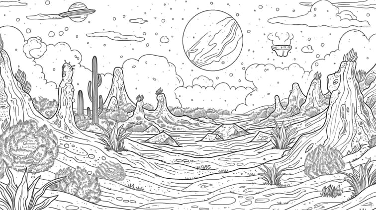 Clean line art of an alien planet landscape with strange plants and creatures, perfect for a coloring book page. Bold lines and imaginative elements for easy coloring