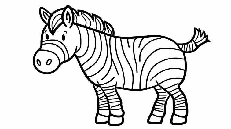 Image with black lines on a white background, illustrating a friendly cartoon zebra suited for coloring in. Large, closed shapes, coloring book style, no solid fill