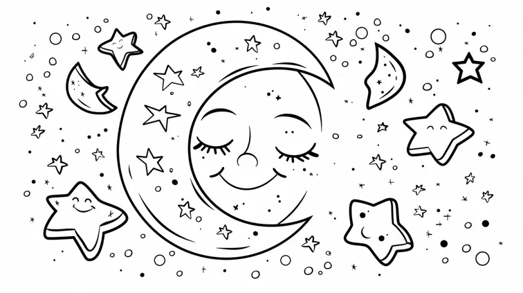 Clean line art of a smiling moon and happy stars, perfect for a coloring book page. Thick outlines and ample white space for easy coloring