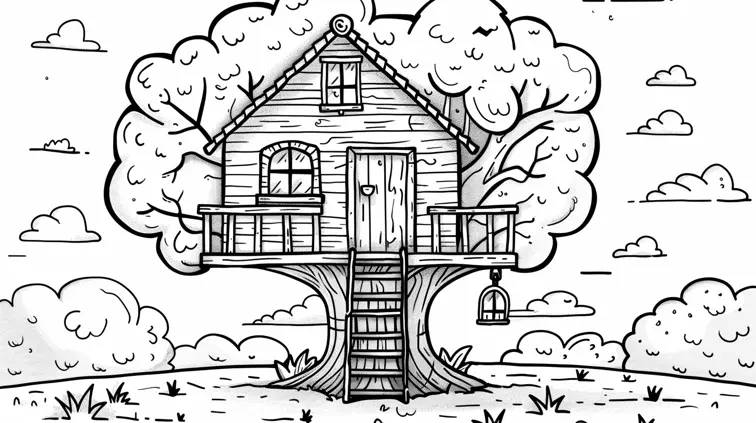 Image with black lines on a white background, illustrating a kids tree house suited for coloring in. Large, closed shapes, coloring book style, no solid fill