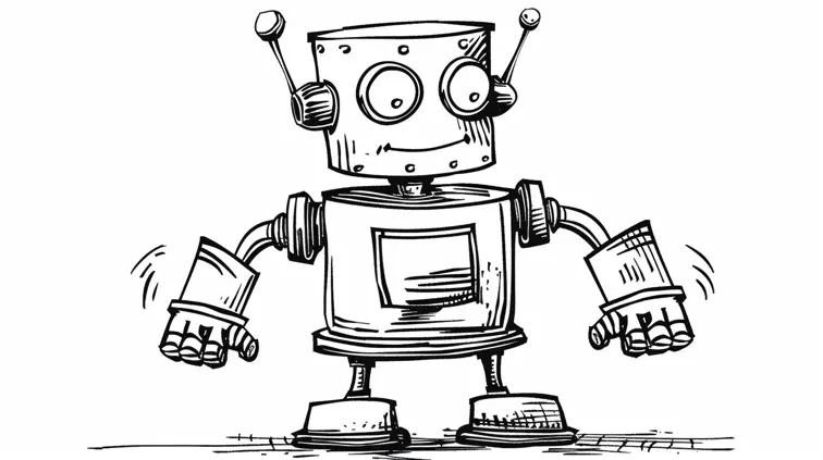 Image with black lines on a white background, illustrating a friendly robot suited for coloring in. Large shapes, coloring book style, no solid fill