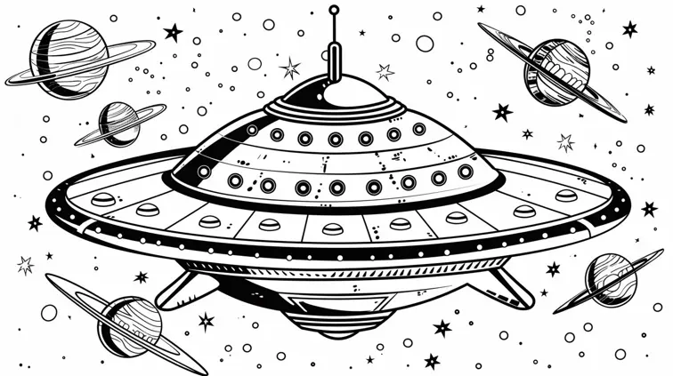 Image with black lines on a white background, illustrating a friendly alien spaceship suited for coloring in. Coloring book style, no solid fill