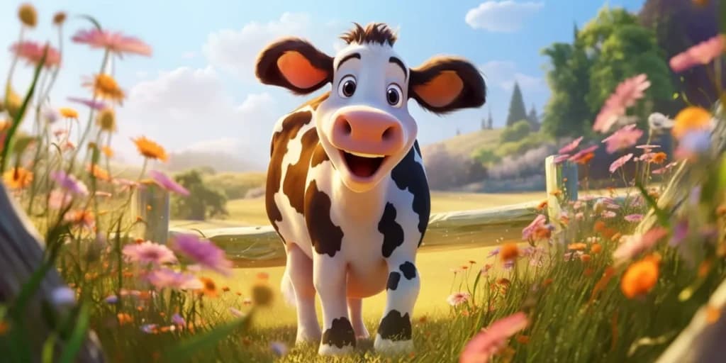 Midjourney generated image of happy cow in disney style art