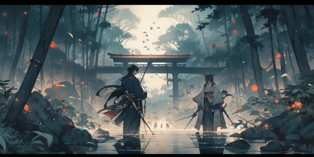 Two samurai fighting with katanas on a bamboo bridge over a river in a mystical feudal Japan forest, highly detailed anime painting
