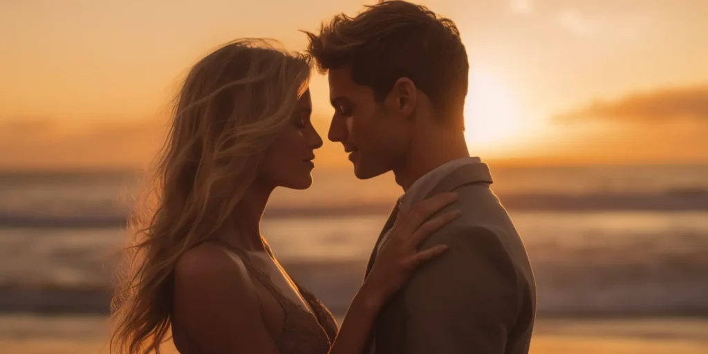 Beautiful sunset photography of couple in a moment - Adobe stock quality - Midjourney Image