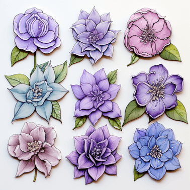 An assortment of purple watercolor styled flowers.