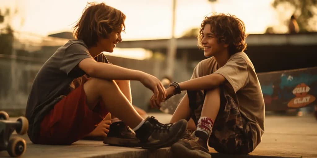 Two teenage friends laughing on a ledge at a skatepark in golden afternoon light, made with Midjourney in 2023