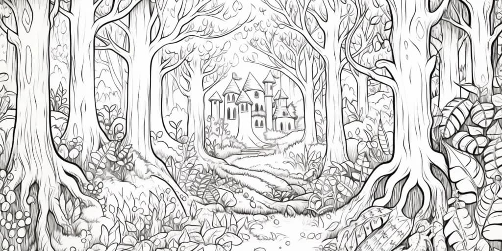 Coloring book page, fantasy theme: A simple illustration of a mystical forest, towering trees, and hidden paths. adult coloring book page, thin black lines on a white background, no solid fill, large closed shapes, edge-to-edge design, whimsical style, only outline art – no noise, book, logo, page, letters, words, grayscale