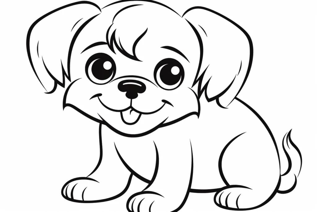 Cartoon puppy coloring page with thick black outlines, made with Midjourney in 2023