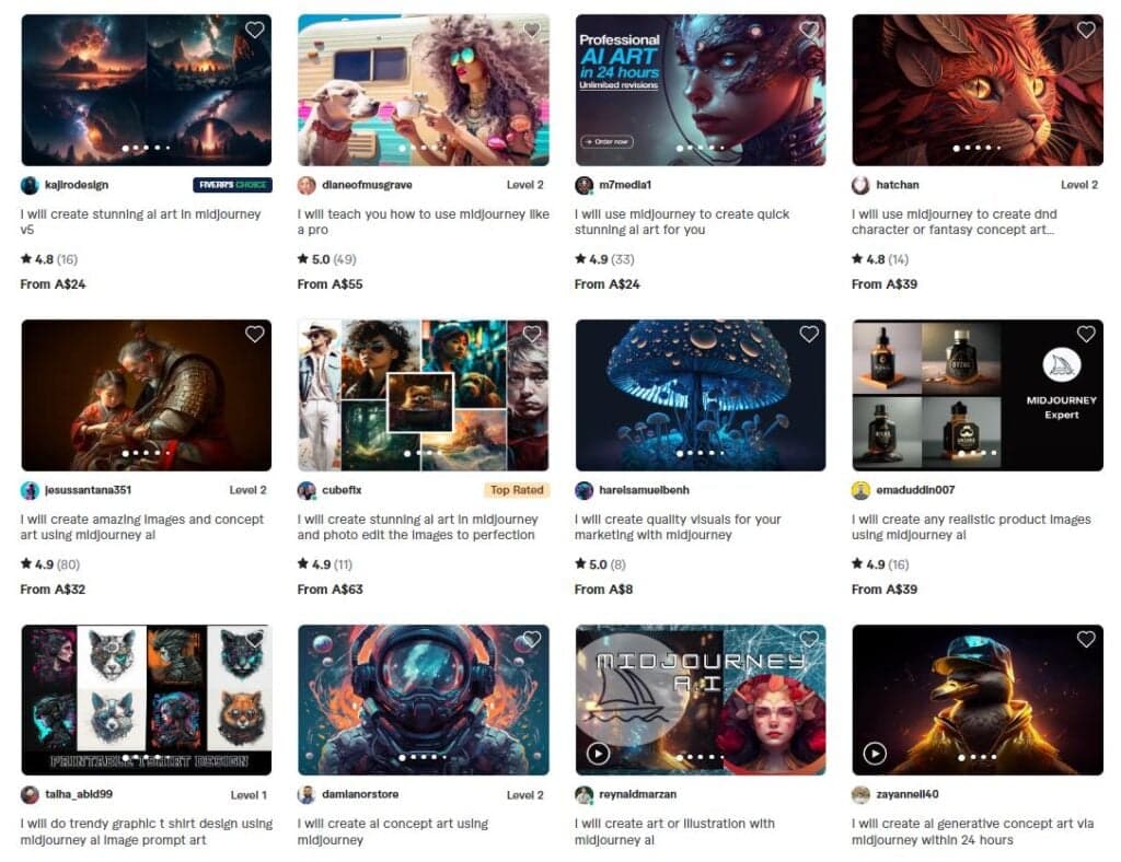 Fiverr Homepage showing various job offers for AI generated art