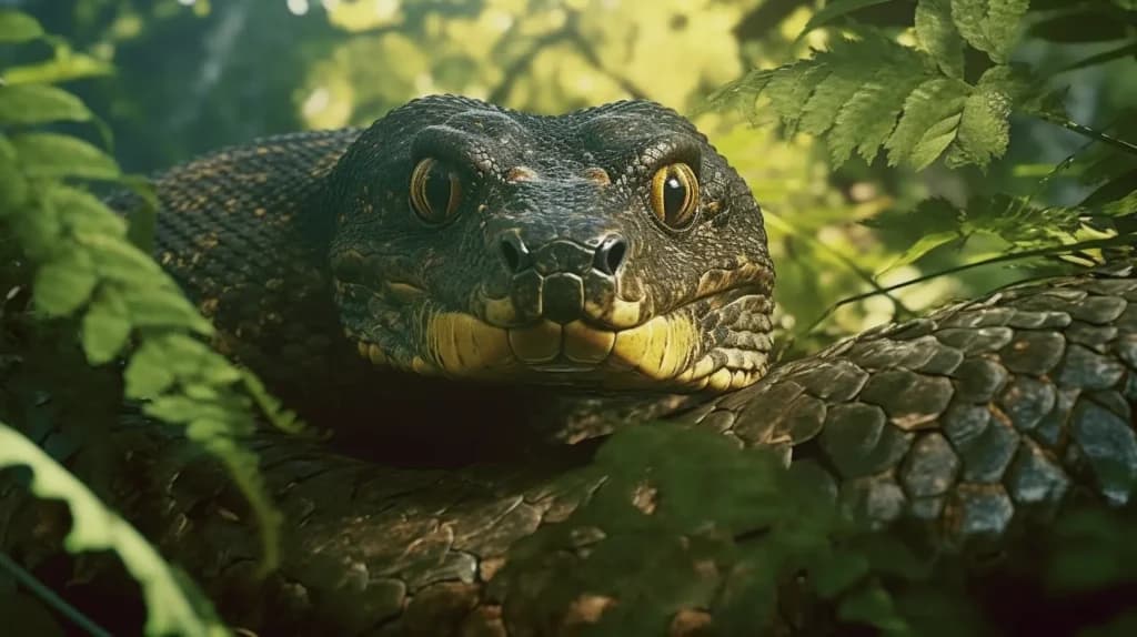 Midjourney Image showing a Giant Anaconda with Yellow Eyes