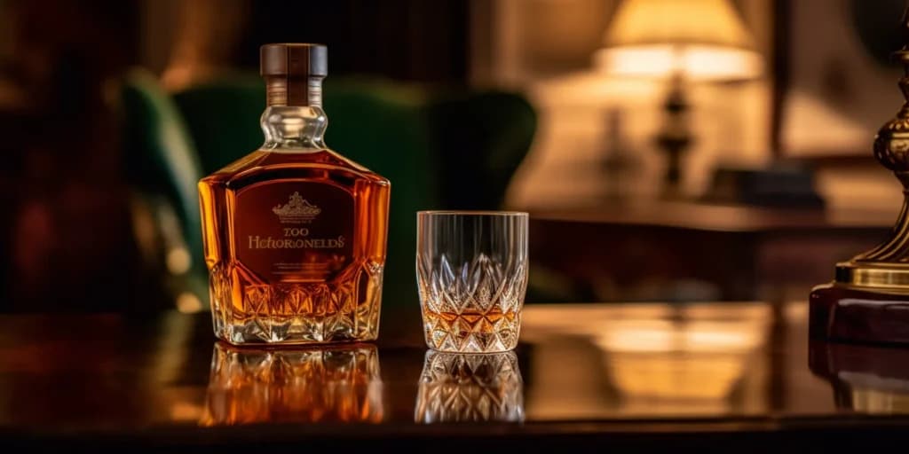 Whiskey bottle with a garbled label next to a crystal glass, made with Midjourney in 2023
