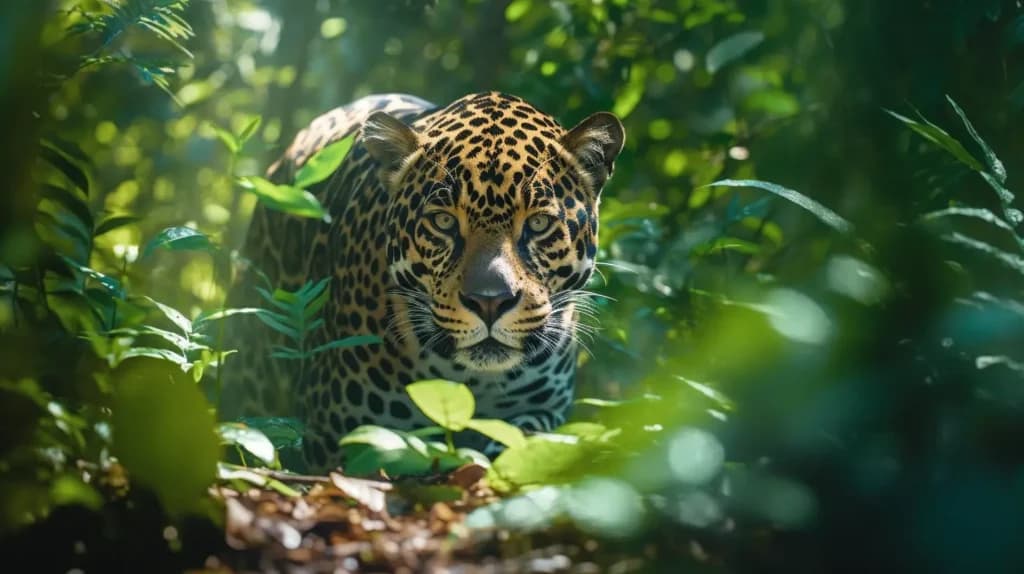 Midjourney Image showing a Jaguar with green eyes stalking his prey