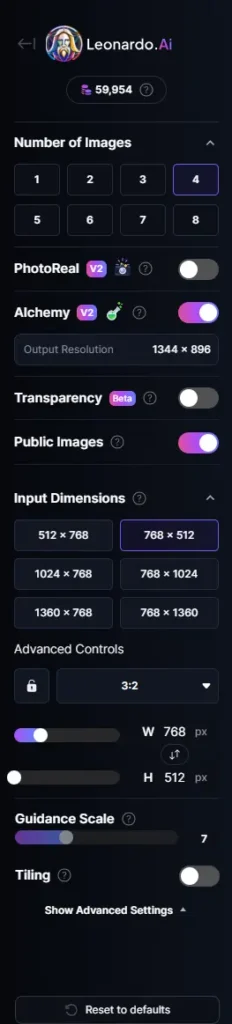 Leonardo Image Generation controls menu