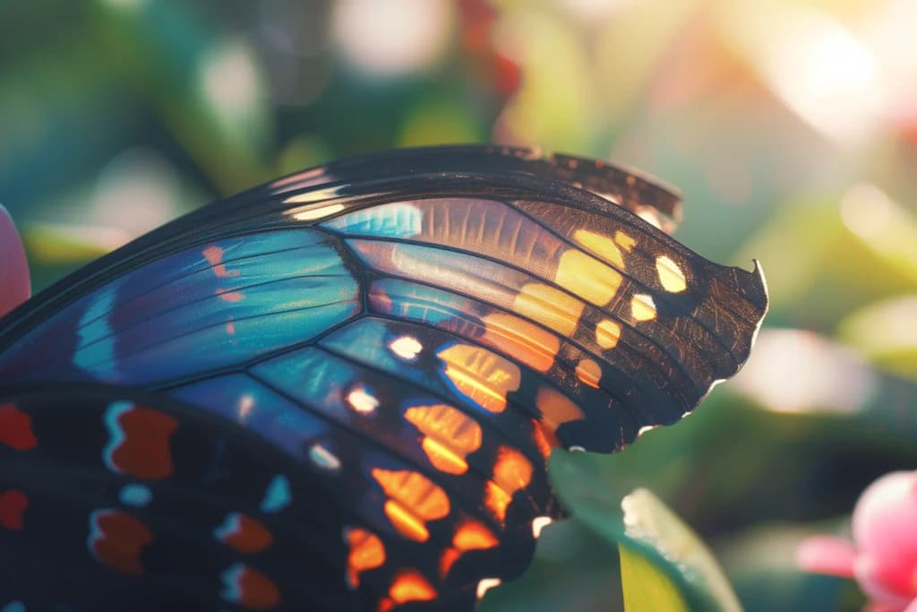 Macro photo of an iridescent butterfly wing in morning sun
