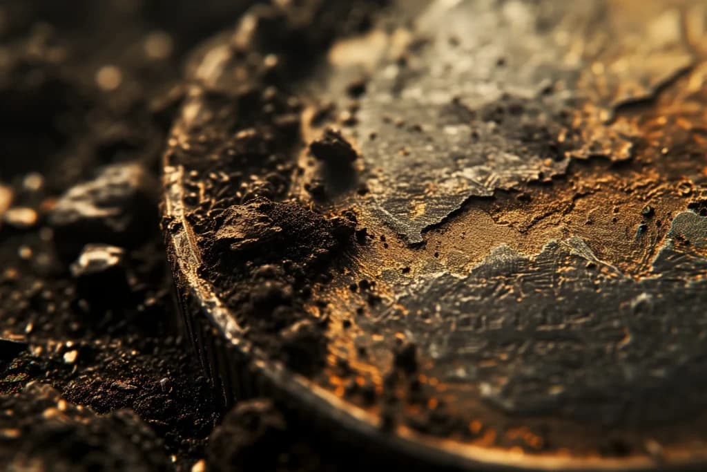 Macro Photography by Midjourney - old coin in the dirt