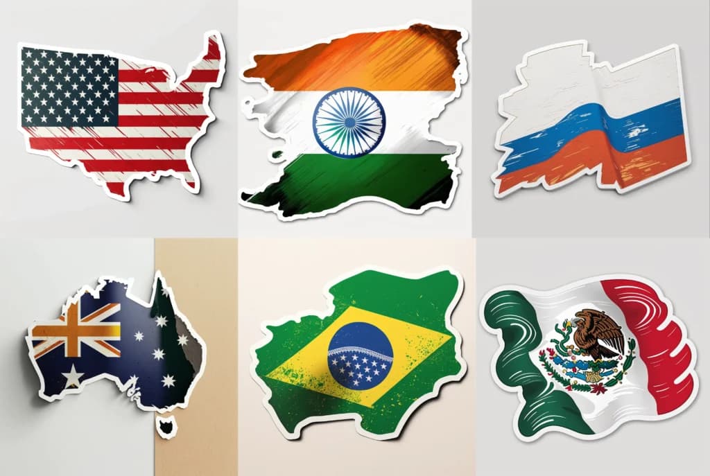 Midjourney generated image of national flags in the shapes of continents including America, Mexico, Russia, Australia, Brazil, and India