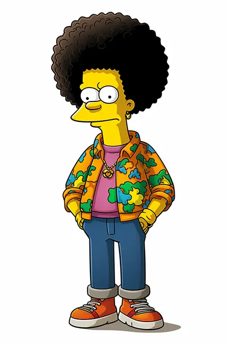 Male Simpsons character with afro and tie die shirt created in Midjourney.