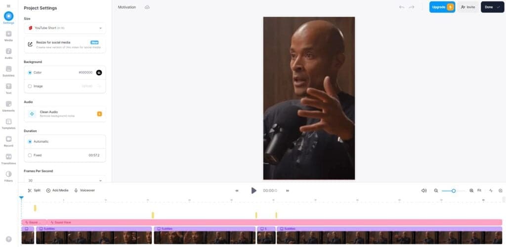 VEED GUI editing a YouTube short with David Goggins showing on screen