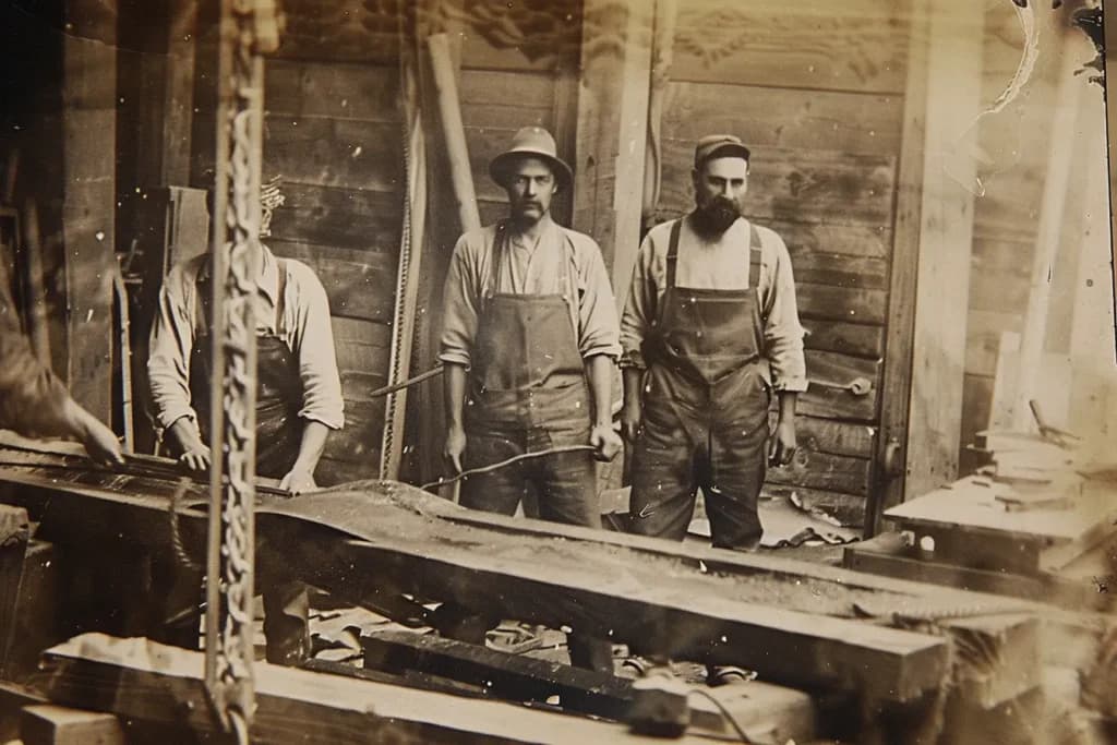Sepia photo of men in overalls standing in a sawmill, made with Midjourney in 2023