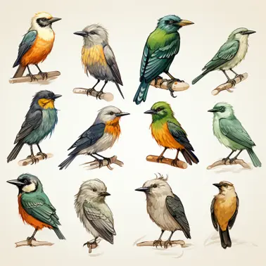 Assorted native Australian birdlife for a calendar separately illustrated in watercolor with masterful and flat shading techniques, showcasing a harmonious blend of colors and hand-drawn elements, reminiscent of a traditional artistry.