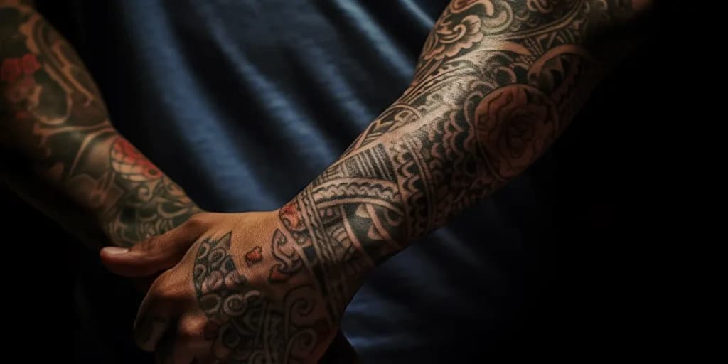 Two tattooed forearms on a dark background, made with Midjourney in 2023