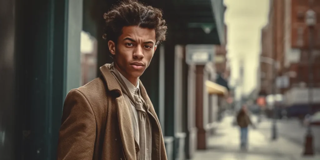 Candid portrait of a young man on an early 1900s New York street