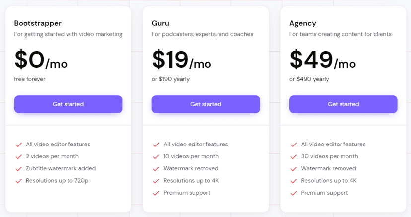 Zubtitle pricing 2024 showing different plans