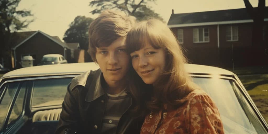 Faded photo of a teenage couple leaning on a 1960s car, made with Midjourney in 2023