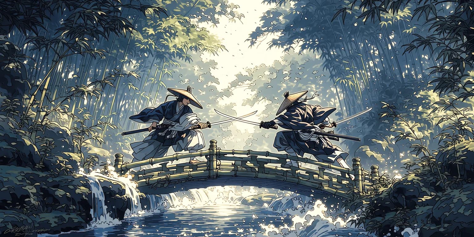 Two anime samurai clashing katanas on a wooden bridge over a river, made with Midjourney Niji 7