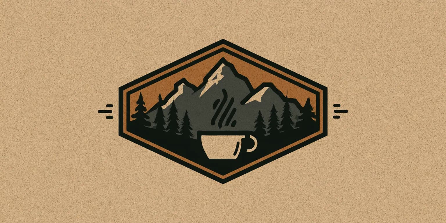 Hexagon coffee badge with mountains, pine trees, and a steaming cup, made with Midjourney V8.2