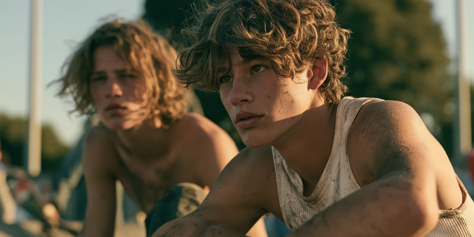 Two dirt-smudged teenage friends at a skatepark, shot close in afternoon light, made with Midjourney V8.2