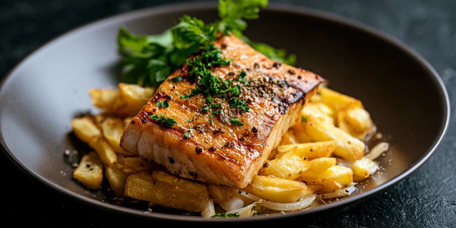 Grilled fish fillet on chips with fresh herbs in a dark bowl, made with Midjourney V8.2