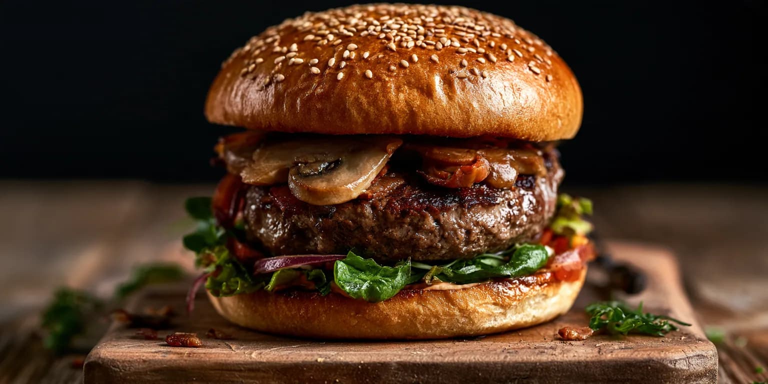 Tall beef burger with mushrooms and a sesame bun on a wooden board, made with Midjourney V8.2
