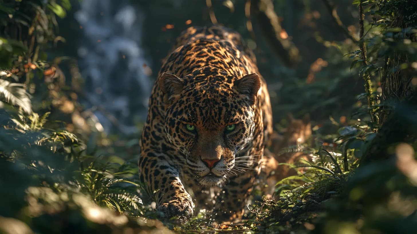 Jaguar with green eyes stalking toward the camera with a waterfall behind, made with Midjourney V8.2