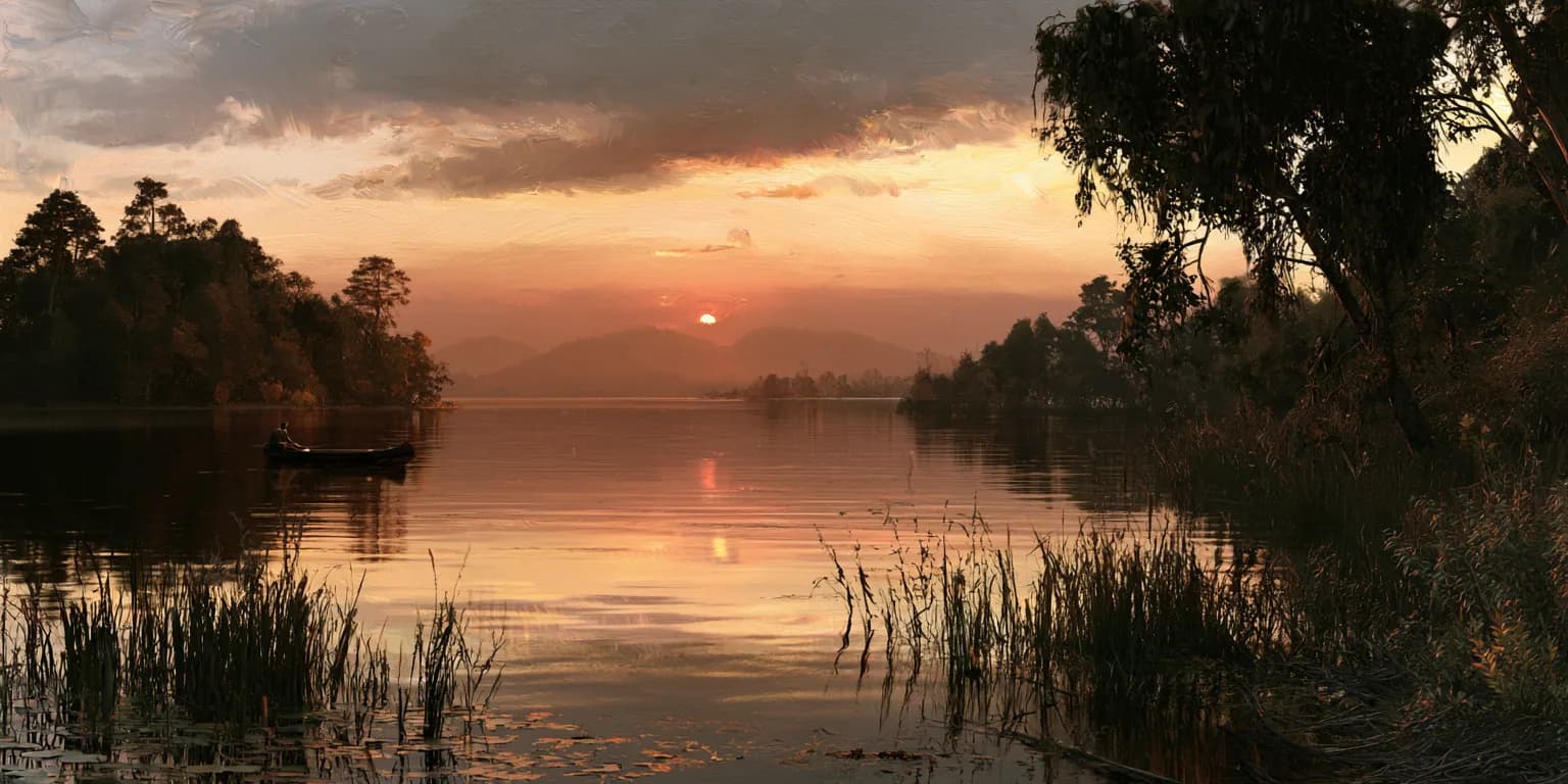 Muted lakeside sunset with a small boat that looks almost like a photo, made with Midjourney V8.2