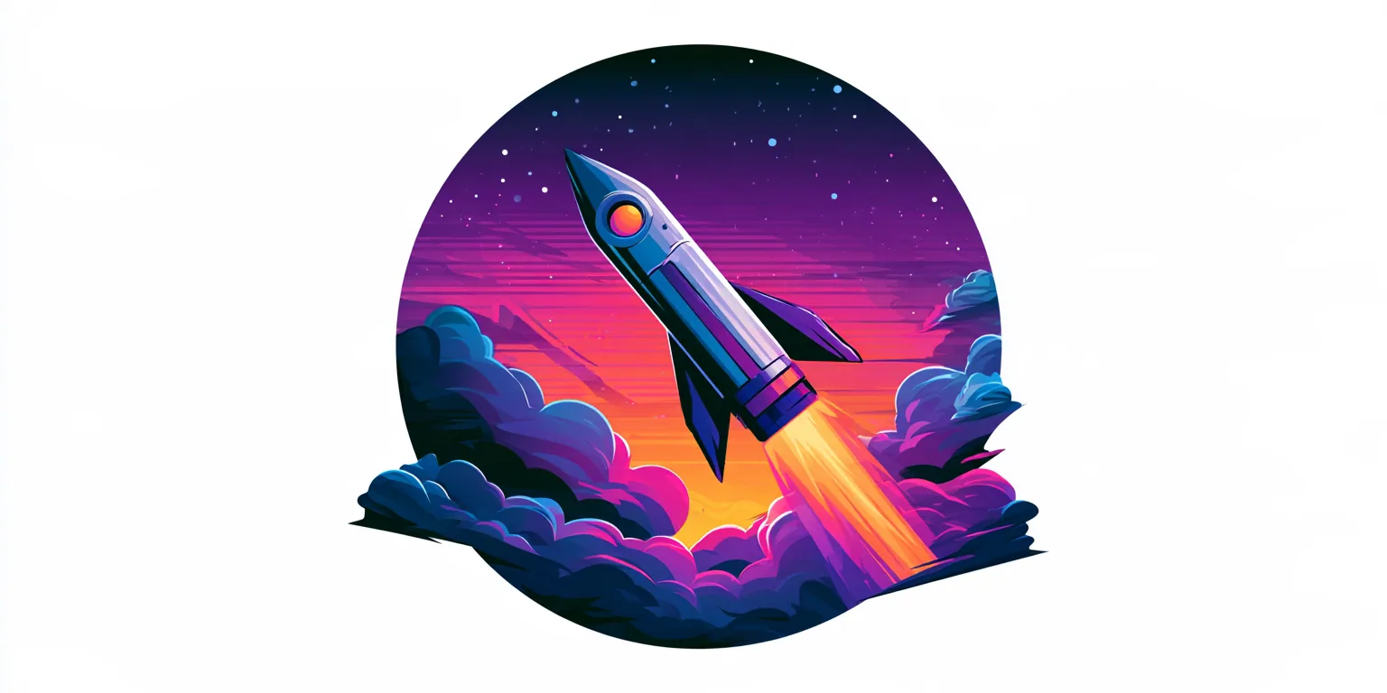 Rocket flying through purple clouds inside a circle on a white background, made with Midjourney V8.2