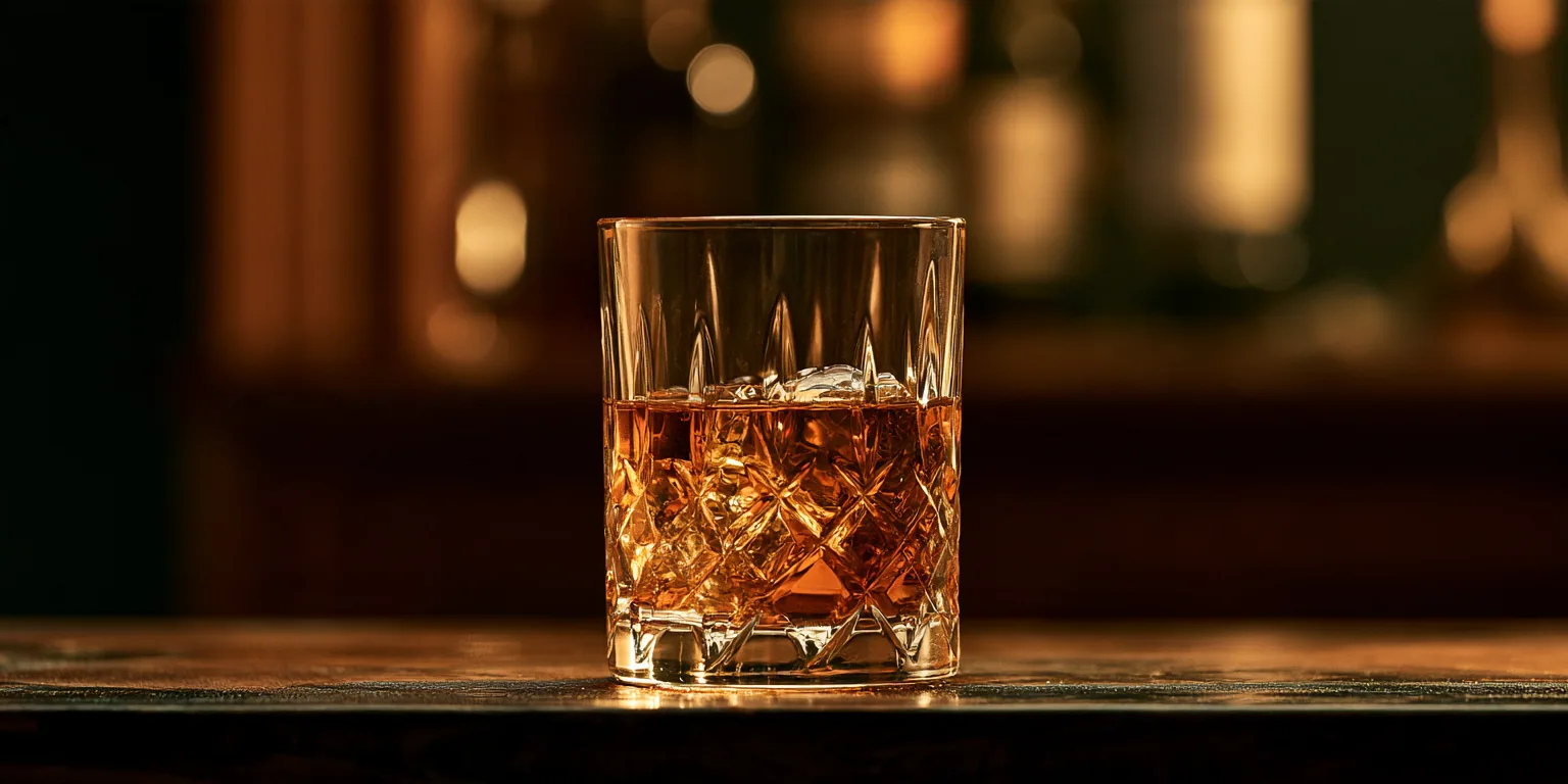 Crystal glass of scotch on ice on a dark wooden bar, made with Midjourney V8.2